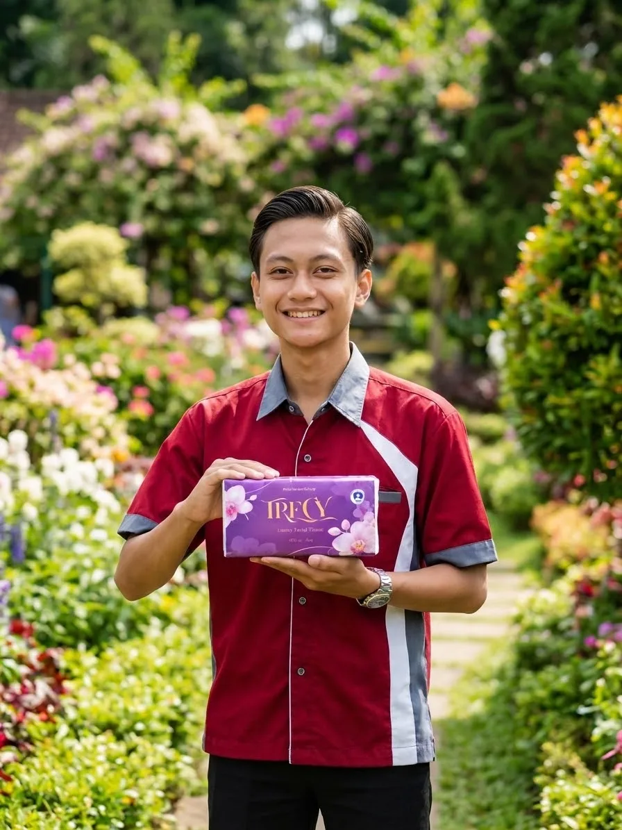 Brand ambassador CV Asa Haryanto memegang Trecy Luxury Facial Tissue